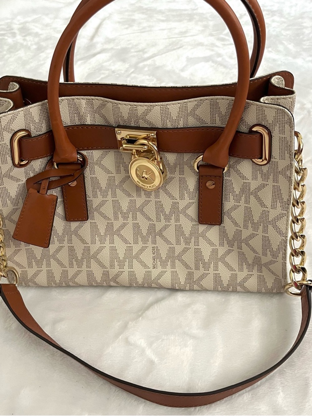 Michael Kors Brown and Cream Monogram Satchel with Gold Hardware